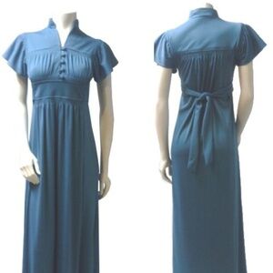 Vintage 70s Maxi Dress Turquoise Bell Sleeve Empire Waist Made in USA Si…